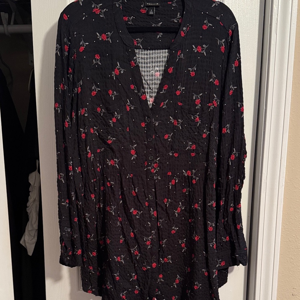 Torrid Black Blouse with Red Floral Design